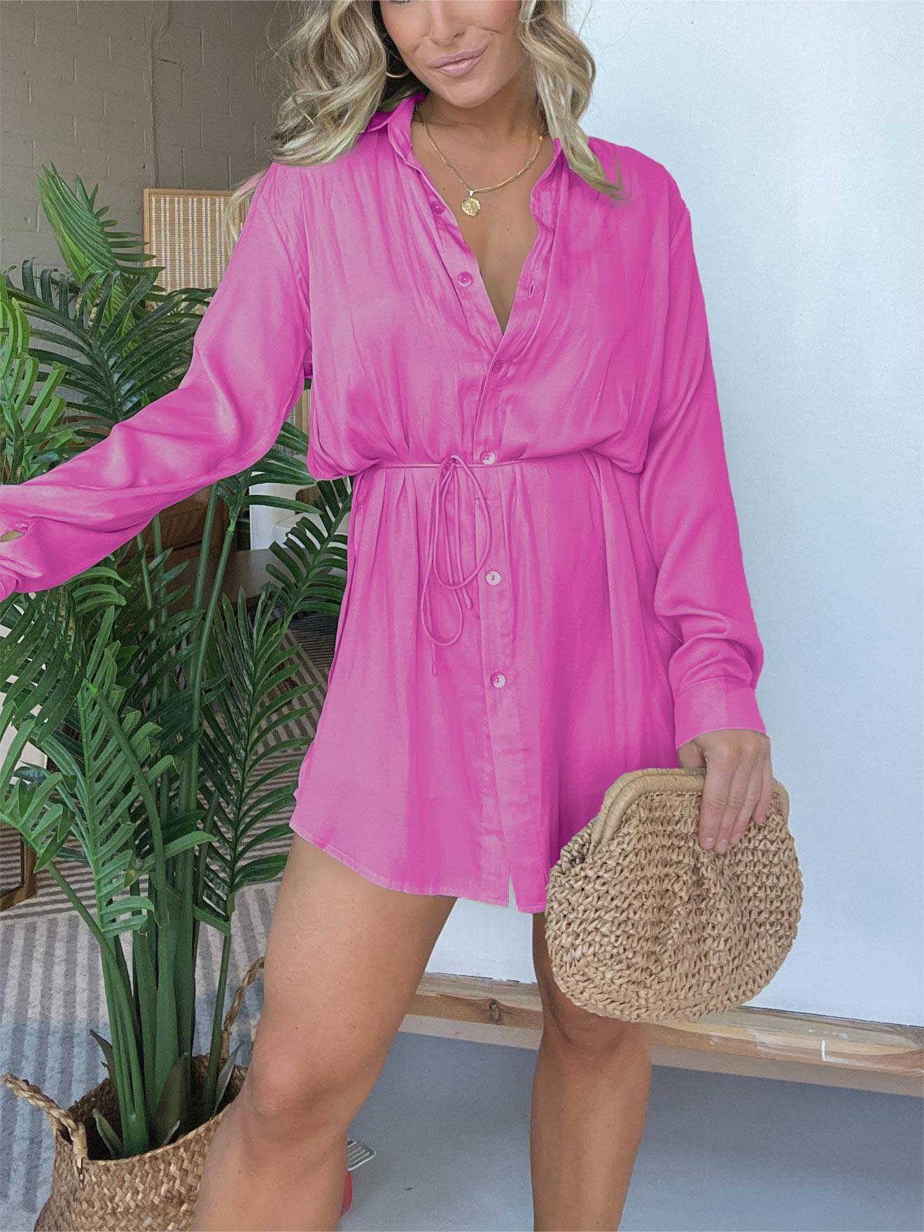 Women's Button-Up Shirt Dress – Long Sleeve, Casual Fit - 3KDyn